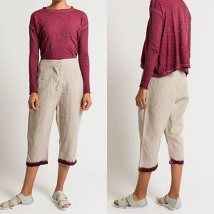 Gilda Midani Beige Linen Cropped Burgundy Bordeaux Dye Dip Tailor Pants - XS